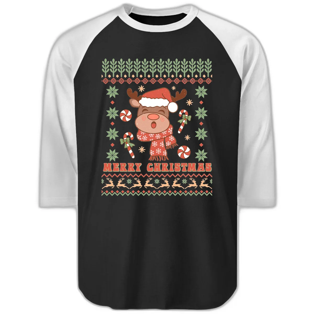 Merry Christmas Reindeer Ugly Sweater Raglan 3/4 in Black White