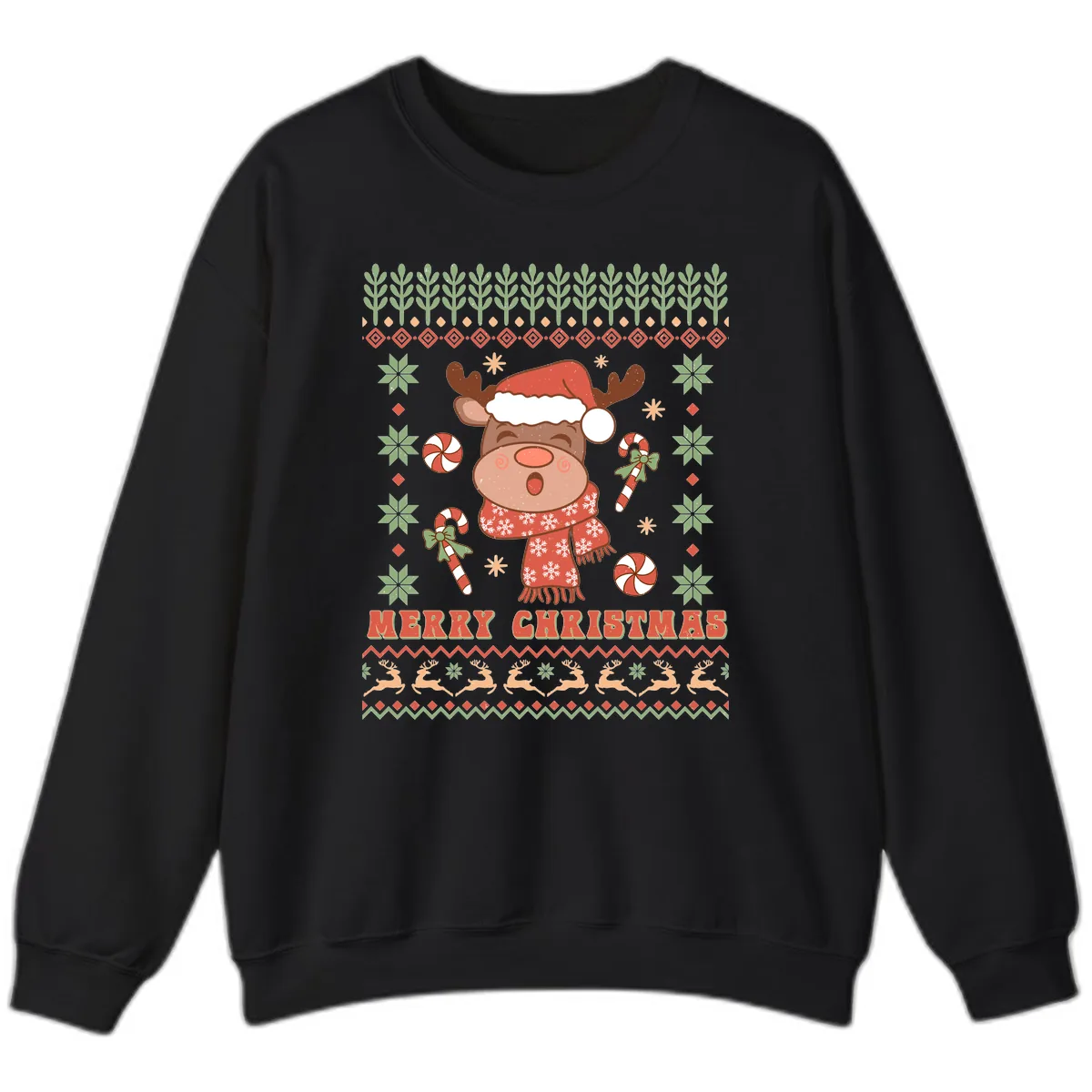 Merry Christmas Reindeer Ugly Sweater Sweatshirt in Black