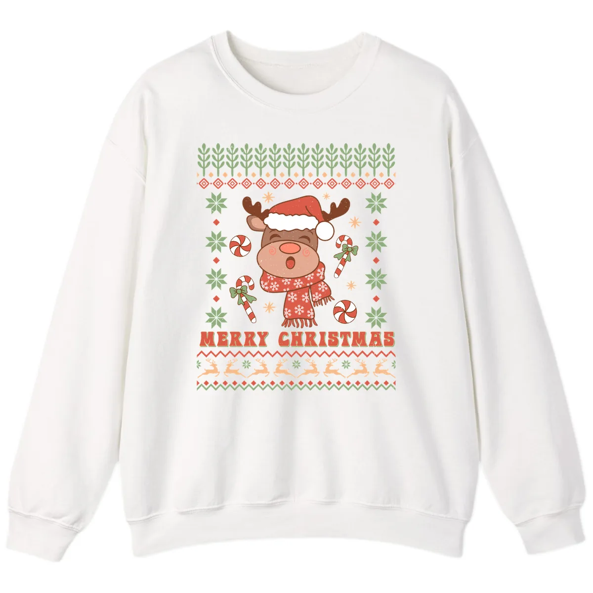 Merry Christmas Reindeer Ugly Sweater Sweatshirt in White