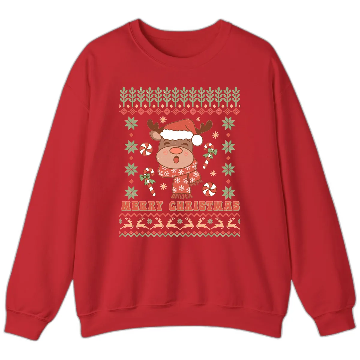 Merry Christmas Reindeer Ugly Sweater Sweatshirt in Red