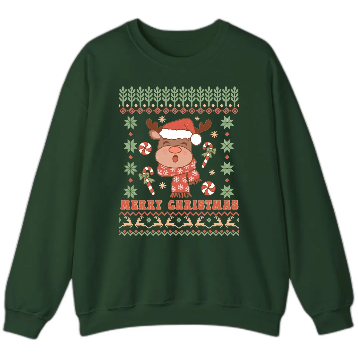 Merry Christmas Reindeer Ugly Sweater Sweatshirt in Forest Green
