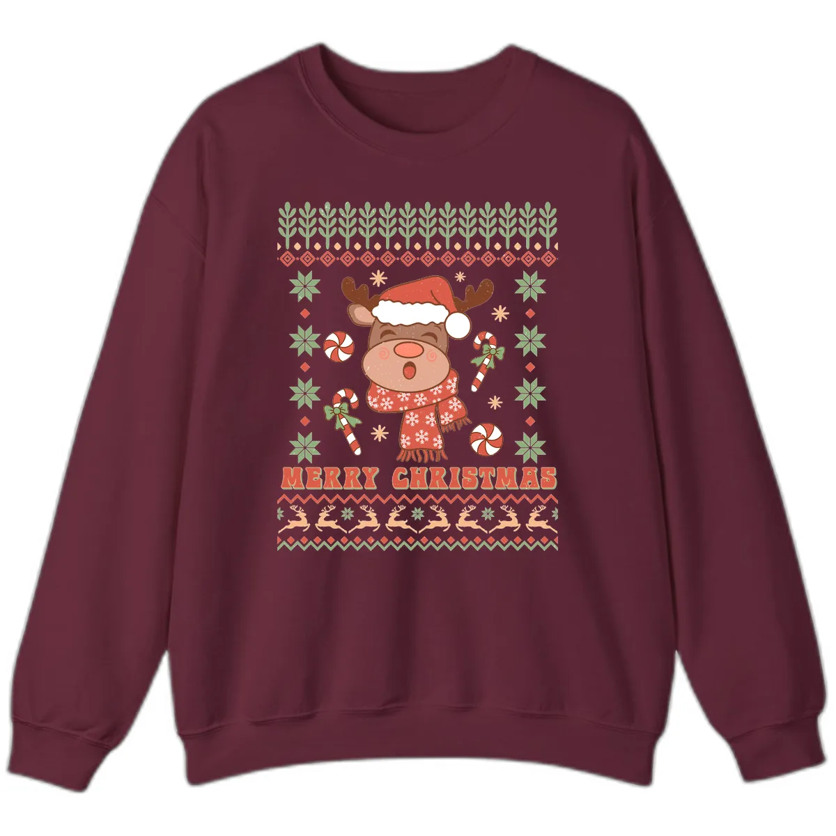 Merry Christmas Reindeer Ugly Sweater Sweatshirt in Maroon