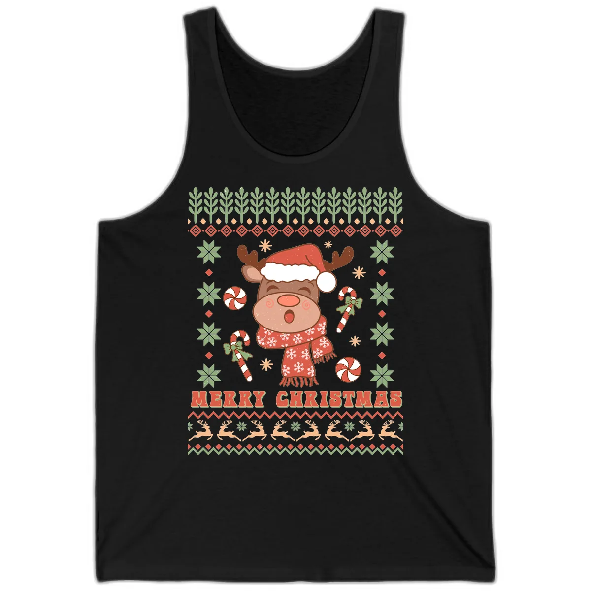 Merry Christmas Reindeer Ugly Sweater Tank in Black