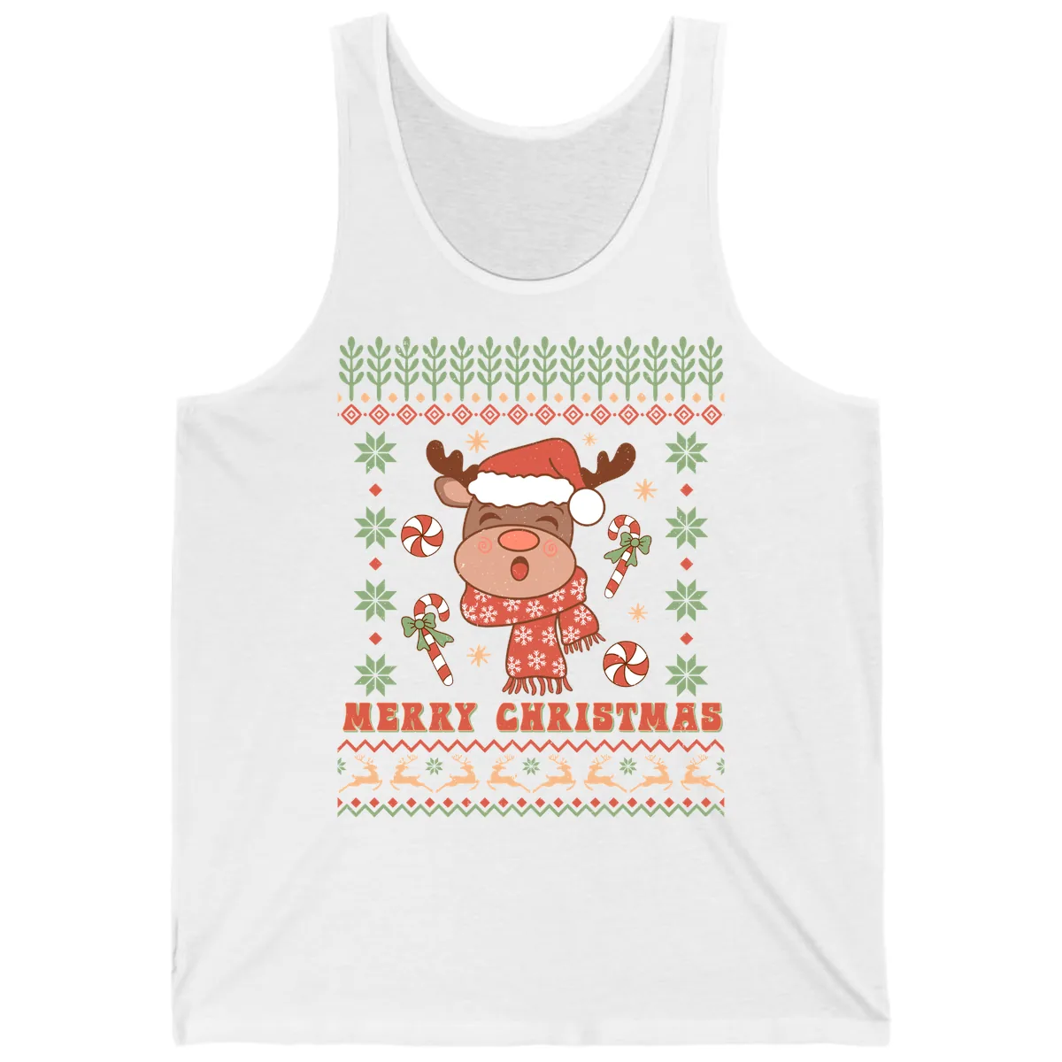 Merry Christmas Reindeer Ugly Sweater Tank in White