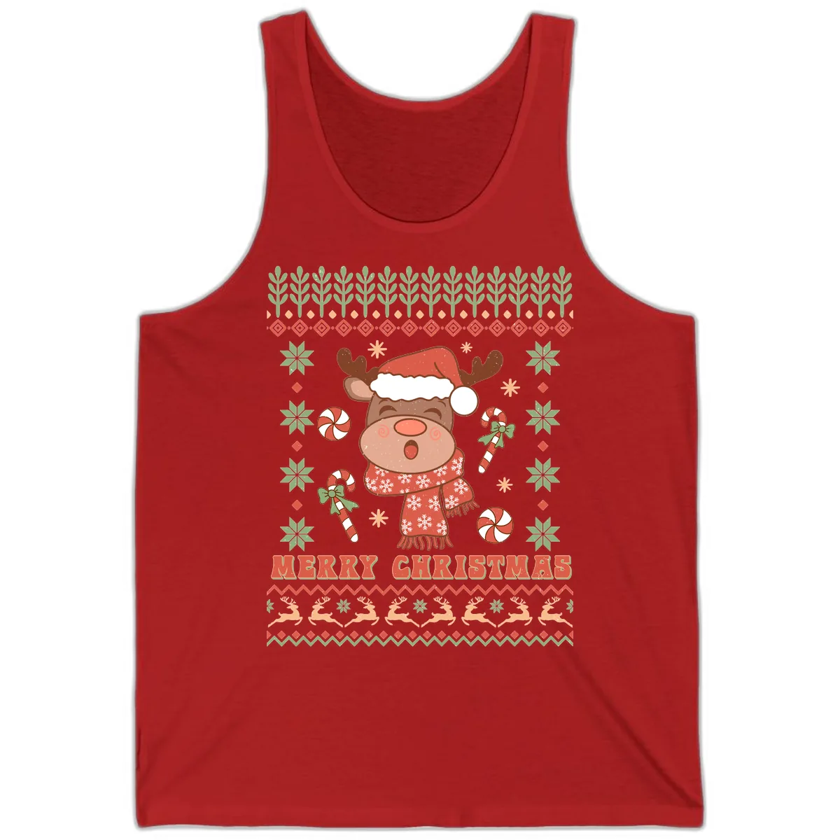 Merry Christmas Reindeer Ugly Sweater Tank in Red