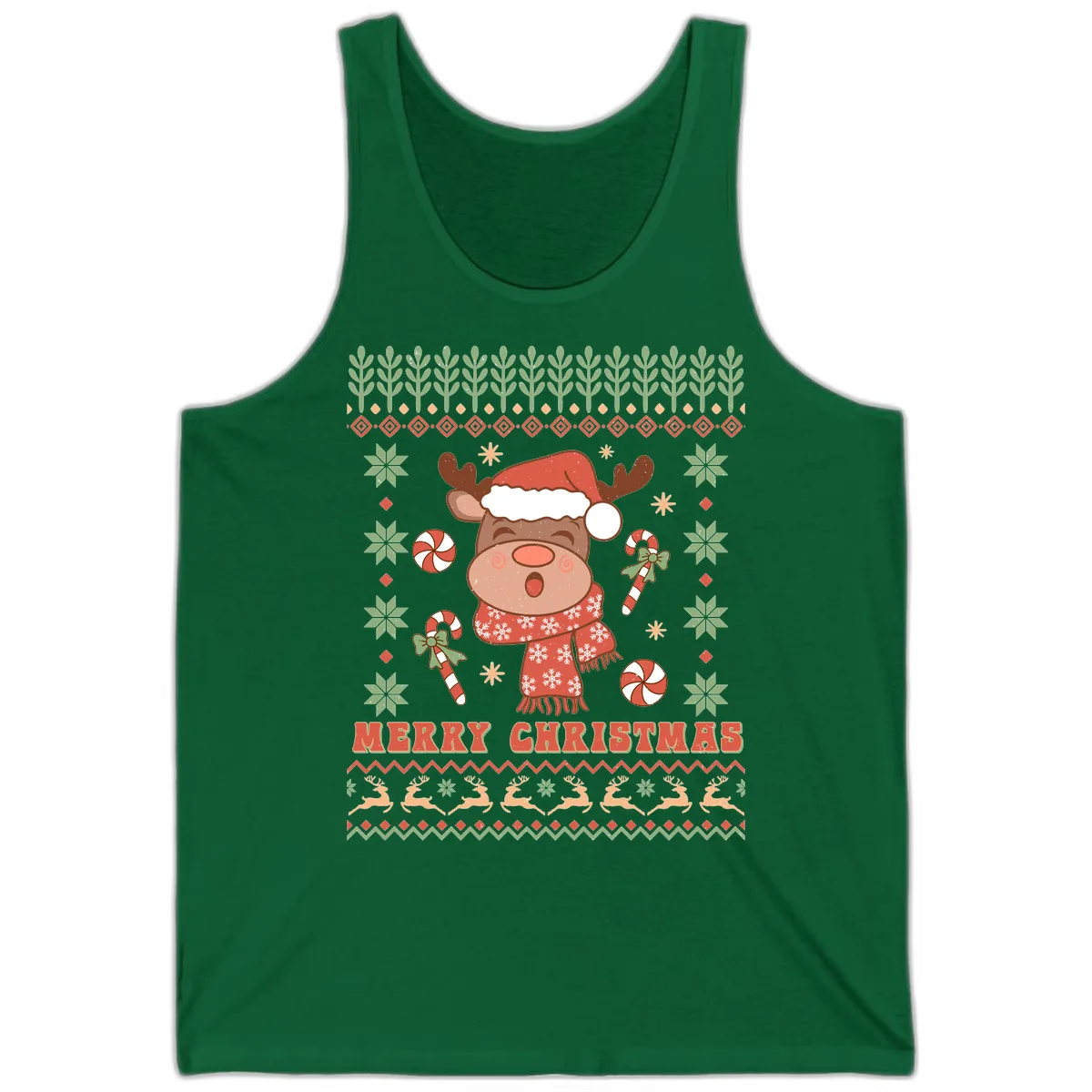 Merry Christmas Reindeer Ugly Sweater Tank in Kelly