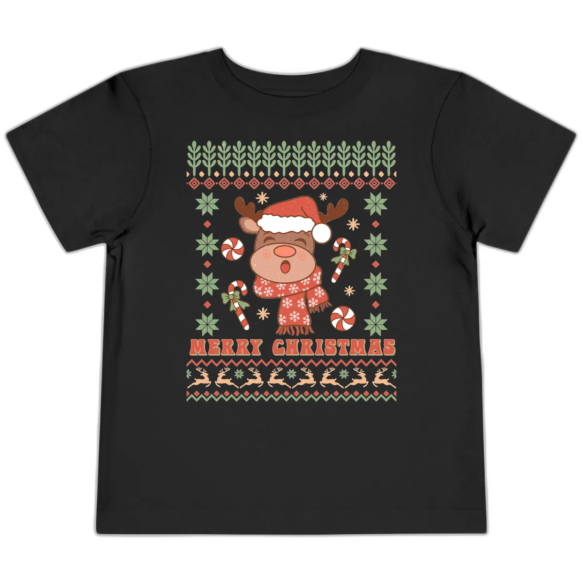 Merry Christmas Reindeer Ugly Sweater Toddler T-Shirt in Black