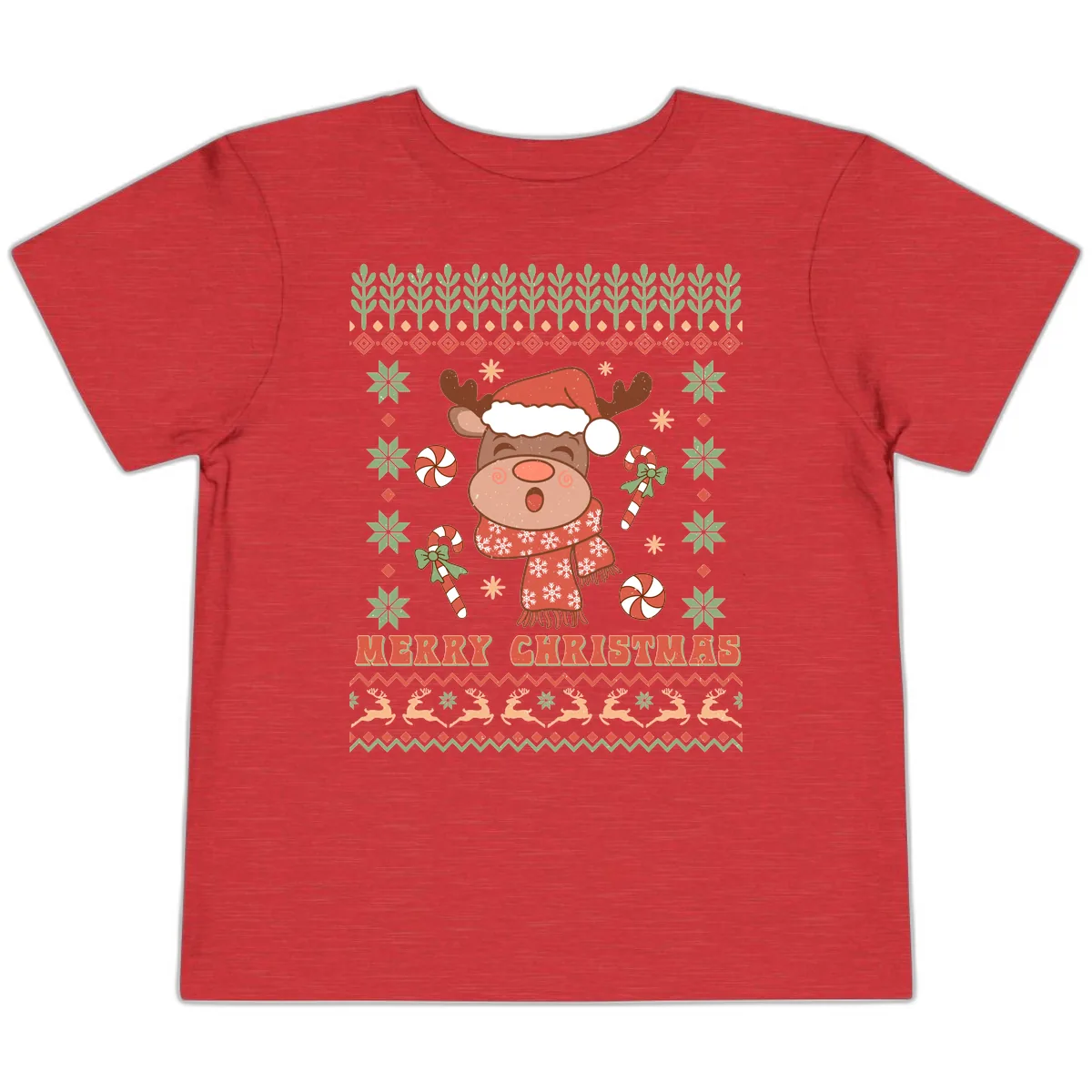 Merry Christmas Reindeer Ugly Sweater Toddler T-Shirt in Heather Red