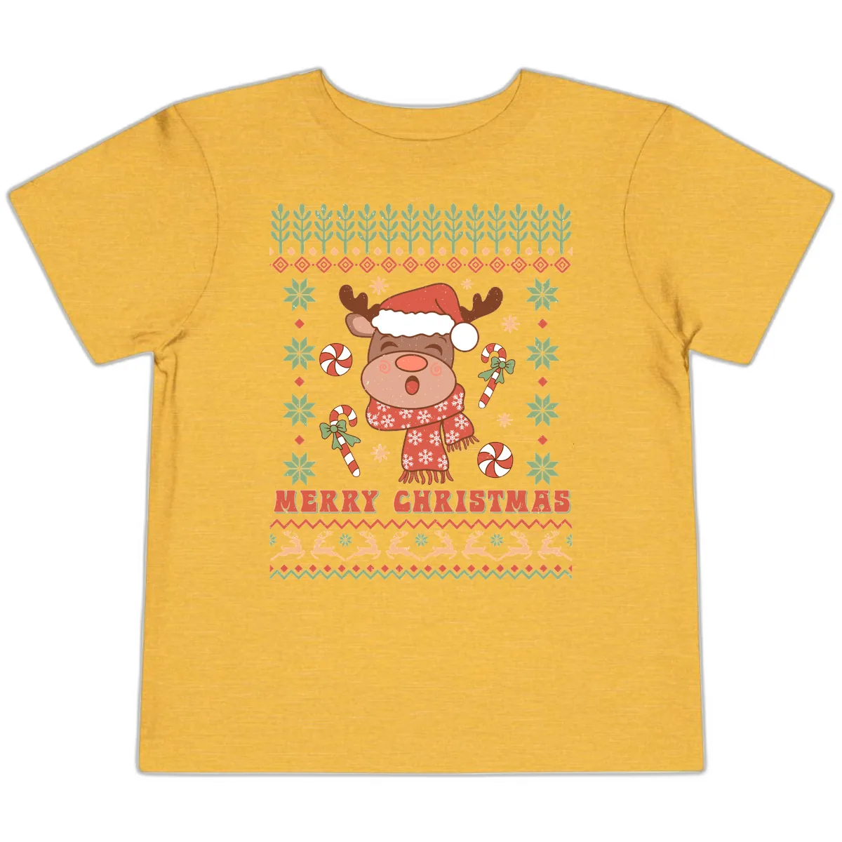 Merry Christmas Reindeer Ugly Sweater Toddler T-Shirt in Heather Yellow Gold