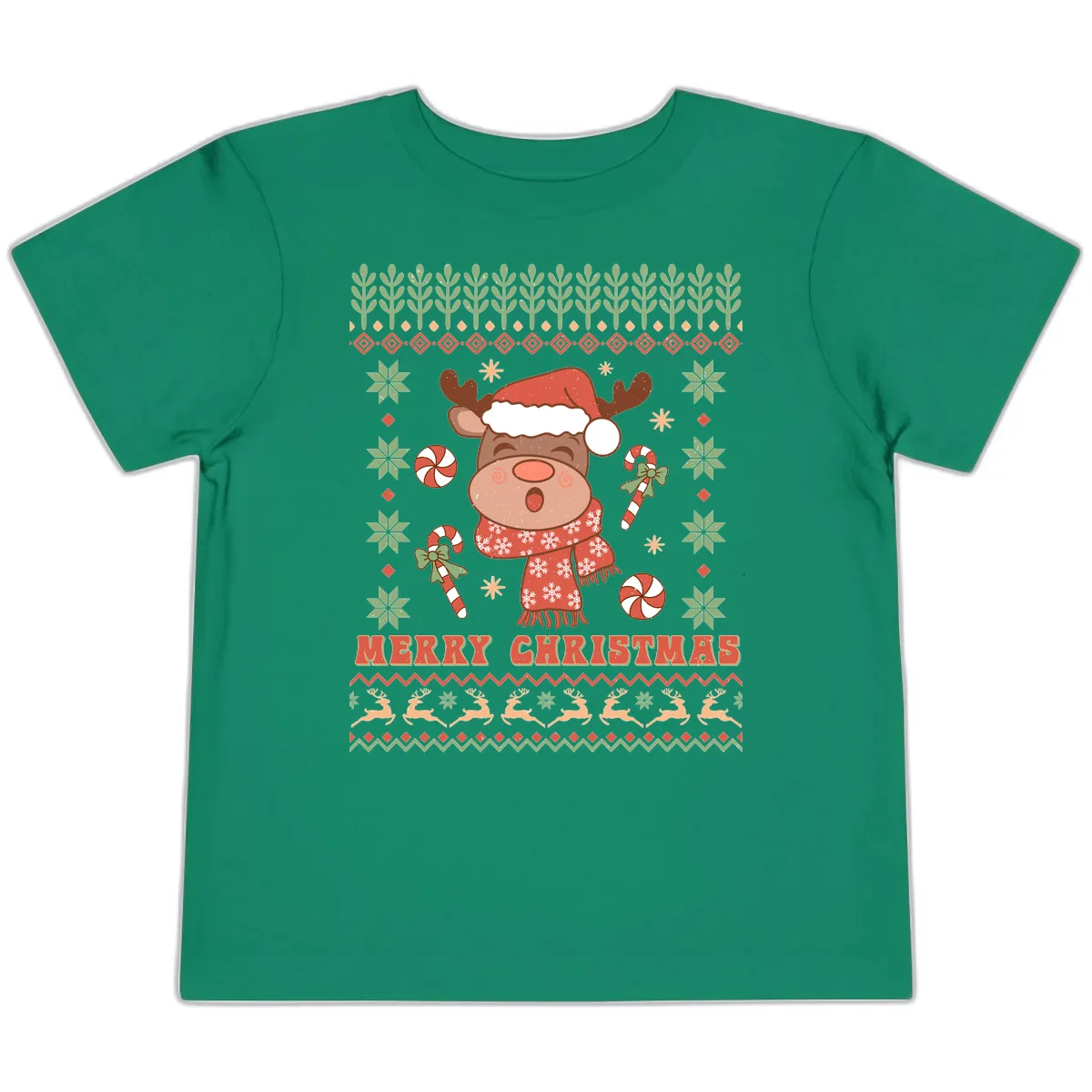 Merry Christmas Reindeer Ugly Sweater Toddler T-Shirt in Kelly