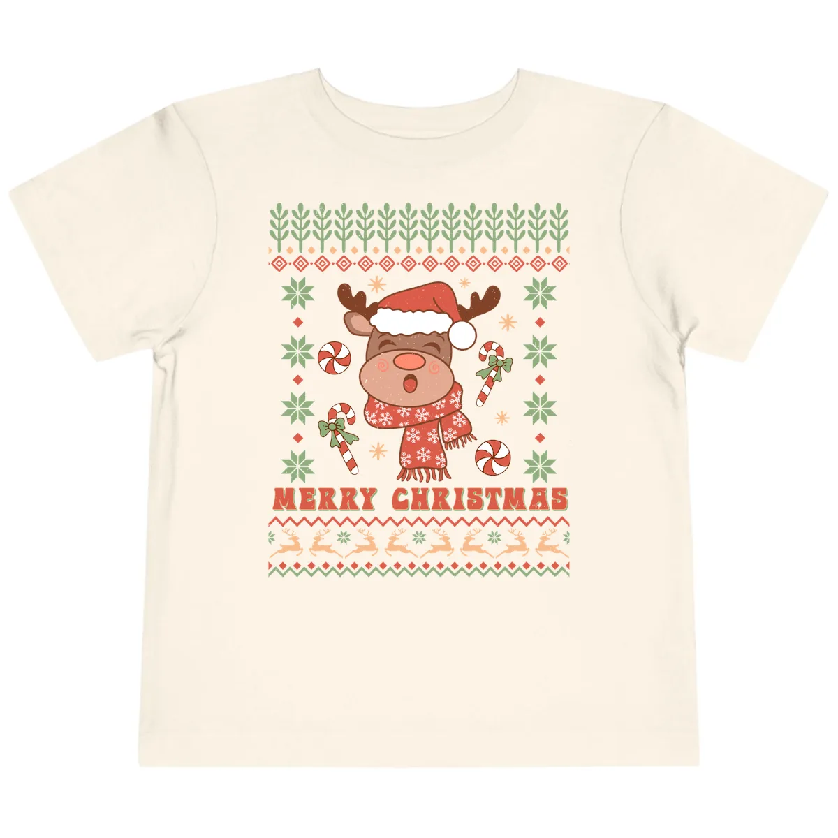 Merry Christmas Reindeer Ugly Sweater Toddler T-Shirt in Natural