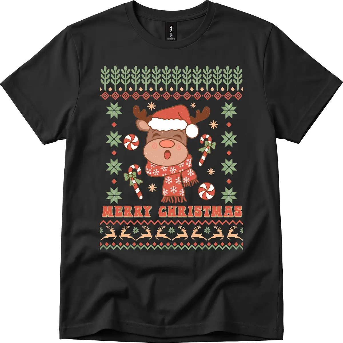 Merry Christmas Reindeer Ugly Sweater T-Shirt in Black