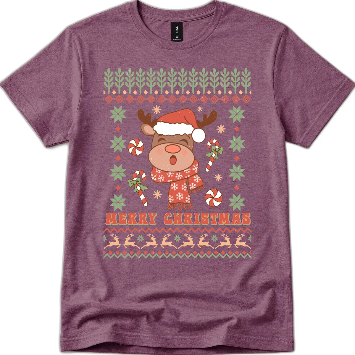 Merry Christmas Reindeer Ugly Sweater T-Shirt in Heather Maroon
