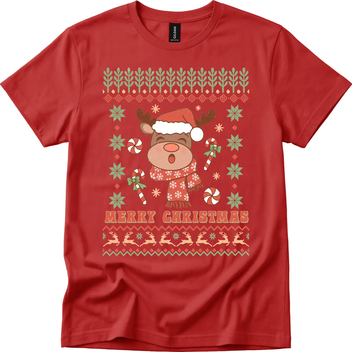 Merry Christmas Reindeer Ugly Sweater T-Shirt in Red