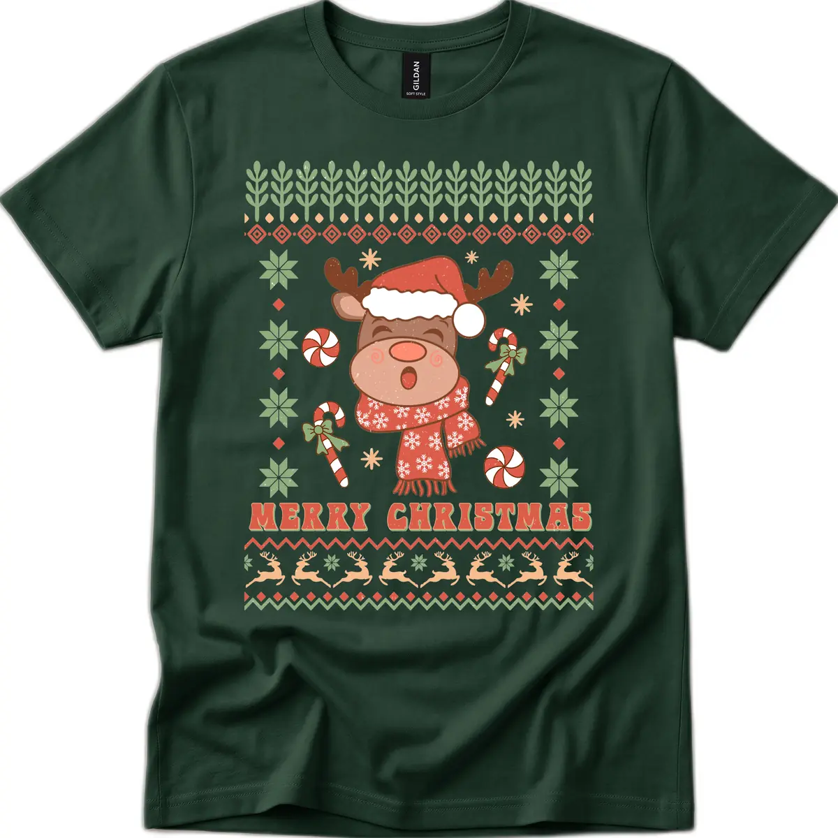 Merry Christmas Reindeer Ugly Sweater T-Shirt in Forest Green