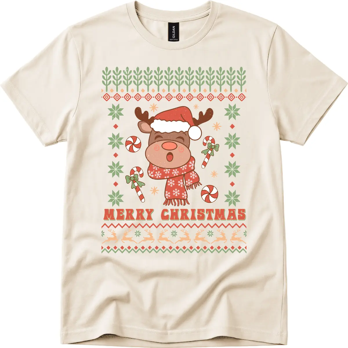 Merry Christmas Reindeer Ugly Sweater T-Shirt in Natural