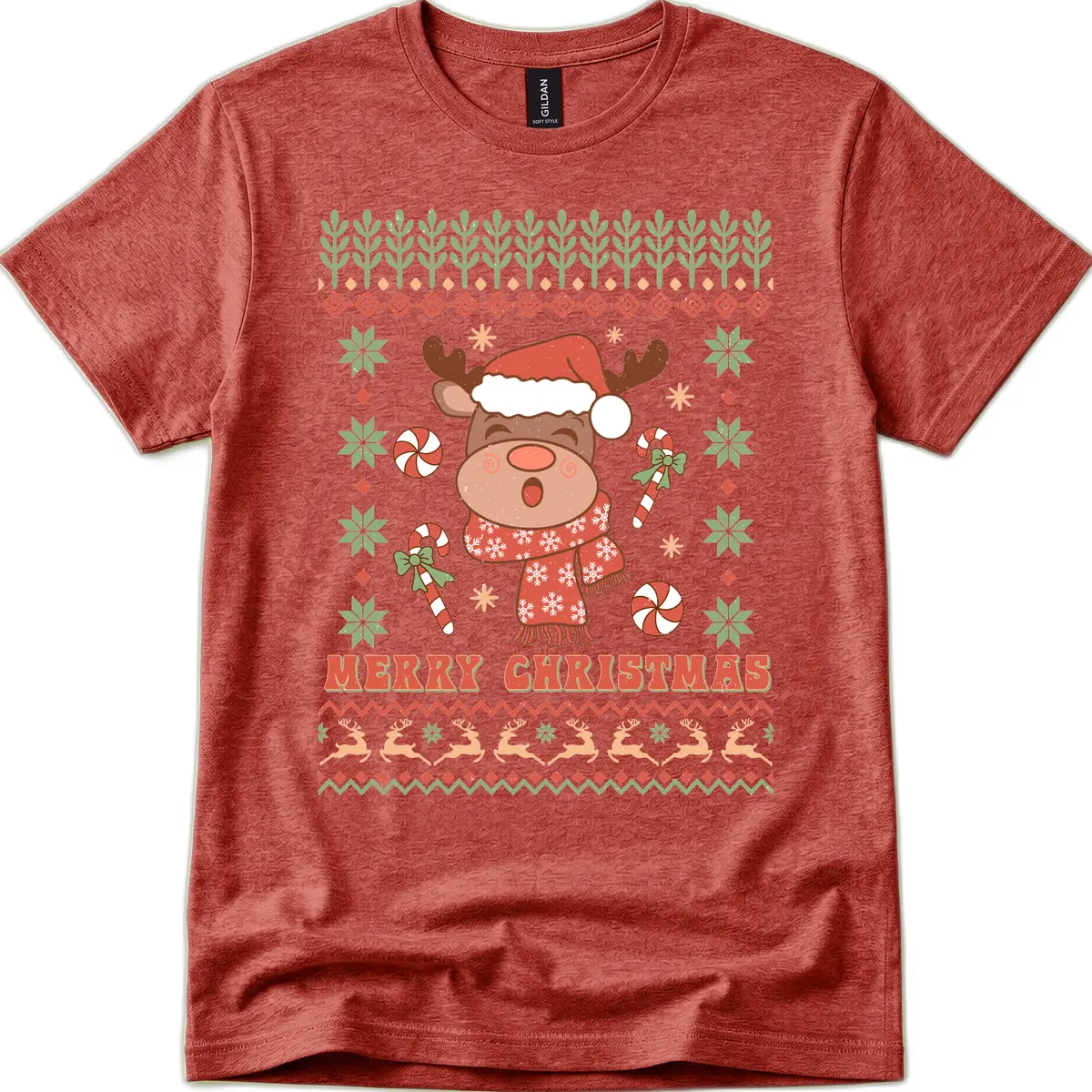 Merry Christmas Reindeer Ugly Sweater T-Shirt in Heather Cardinal