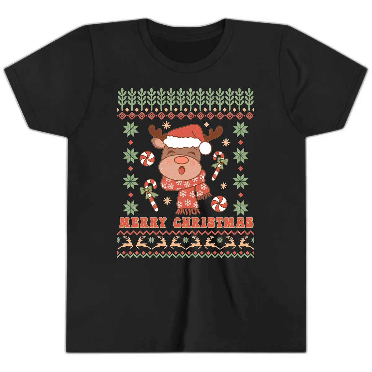 Merry Christmas Reindeer Ugly Sweater Youth T-Shirt in Black