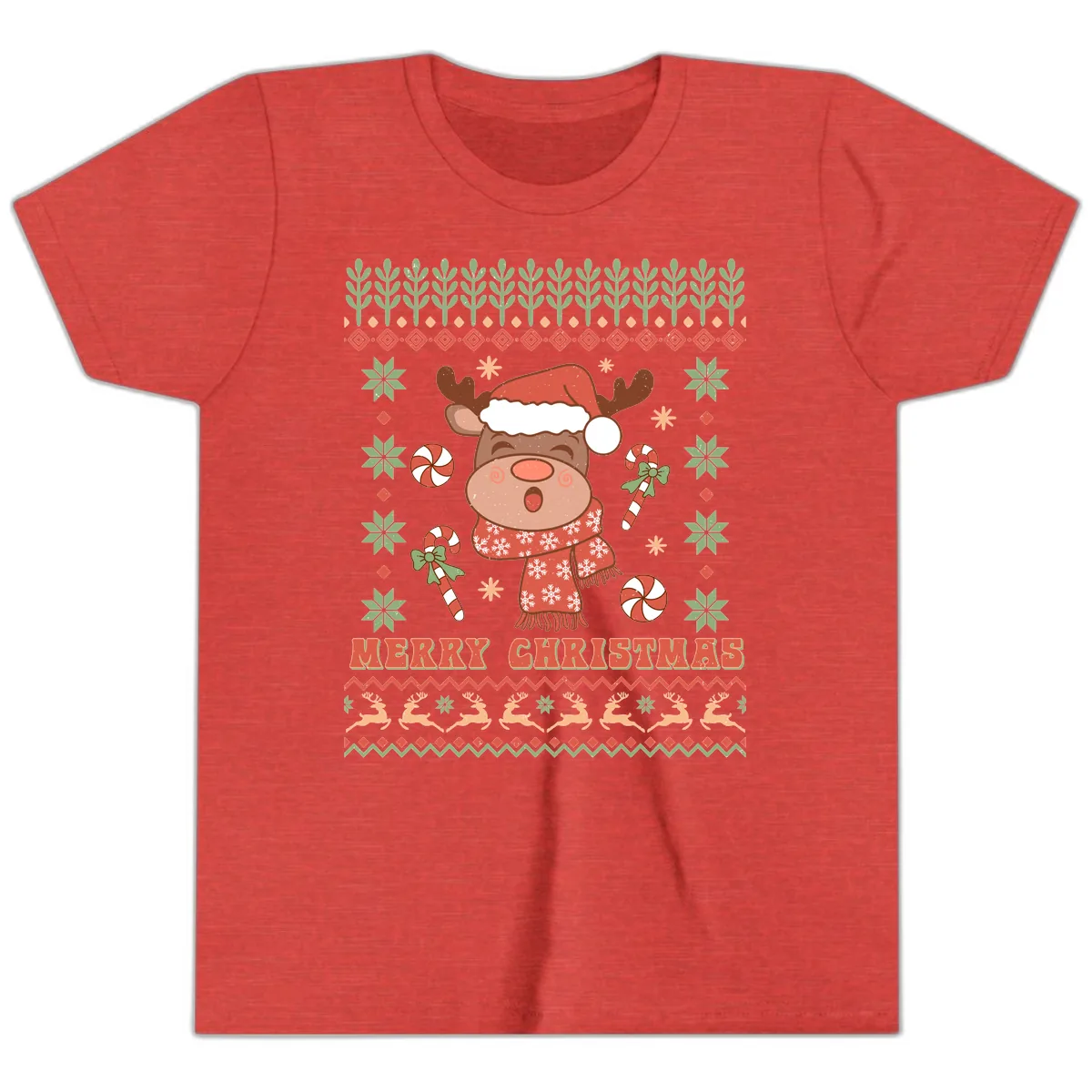 Merry Christmas Reindeer Ugly Sweater Youth T-Shirt in Heather Red