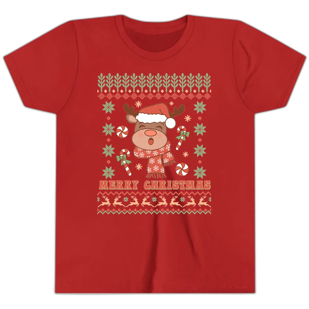Merry Christmas Reindeer Ugly Sweater Youth T-Shirt in Red