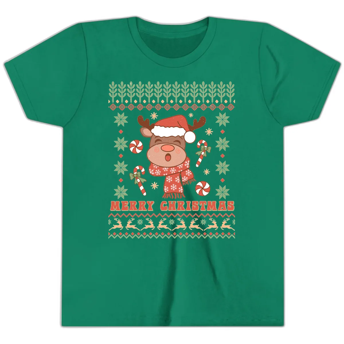 Merry Christmas Reindeer Ugly Sweater Youth T-Shirt in Kelly