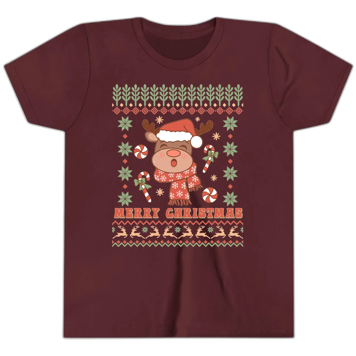 Merry Christmas Reindeer Ugly Sweater Youth T-Shirt in Maroon