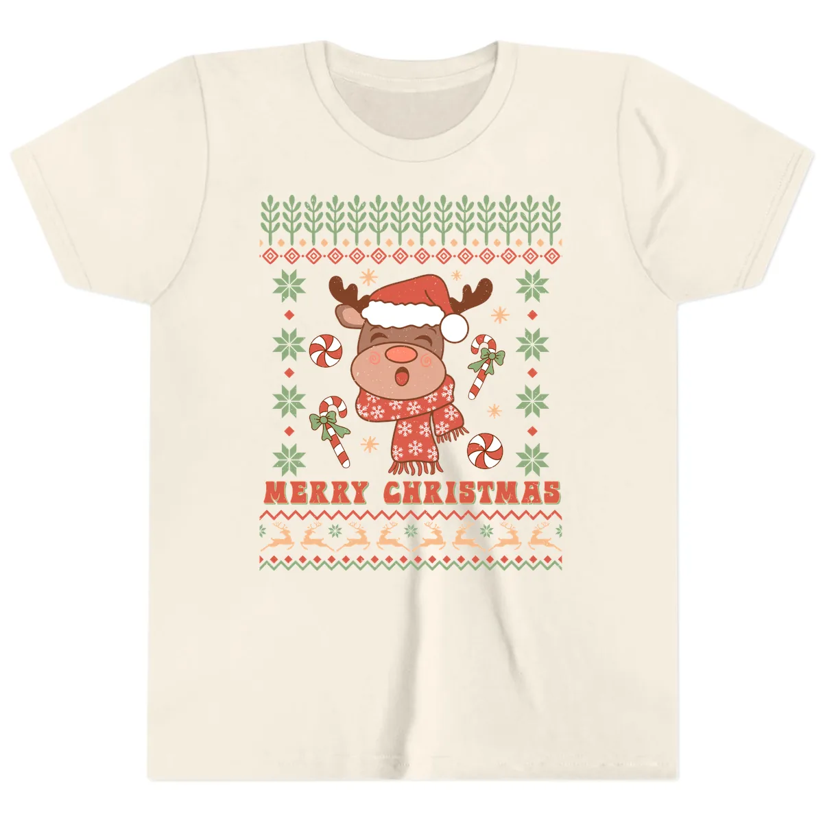 Merry Christmas Reindeer Ugly Sweater Youth T-Shirt in Natural