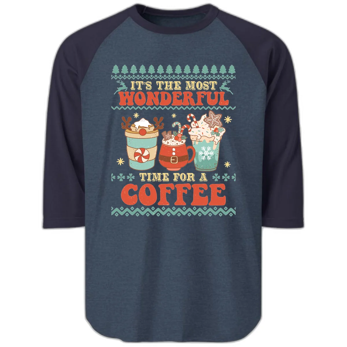 It's The Most Wonderful Time For Coffee Raglan 3/4 in Heather Denim Navy