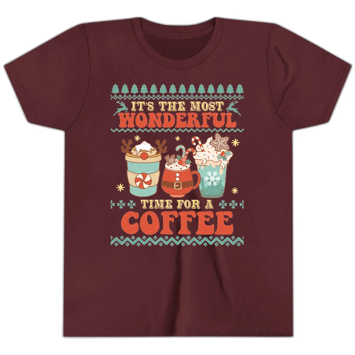It's The Most Wonderful Time For Coffee Youth T-Shirt in Maroon