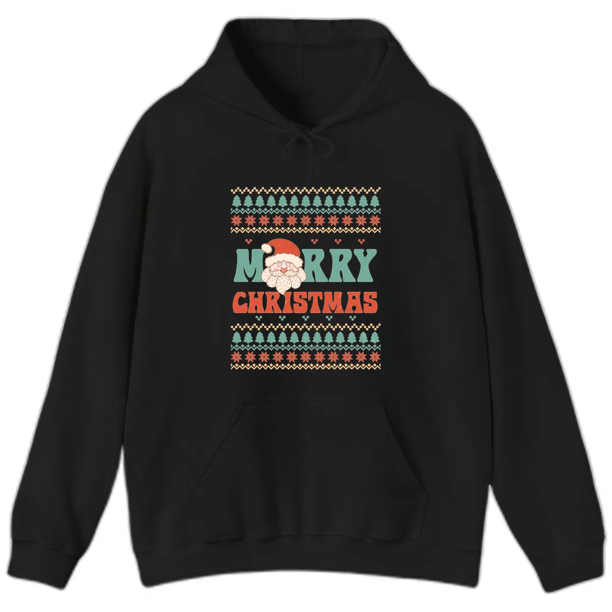 Retro Santa Merry Christmas Ugly Sweater Hoodie in Black