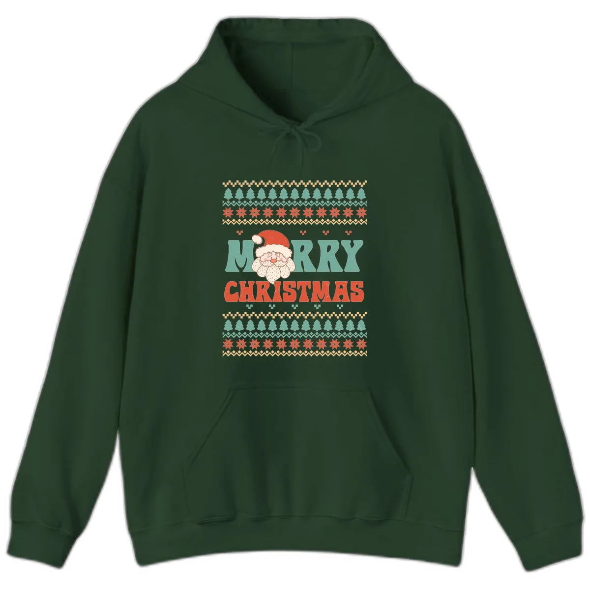 Retro Santa Merry Christmas Ugly Sweater Hoodie in Forest Green