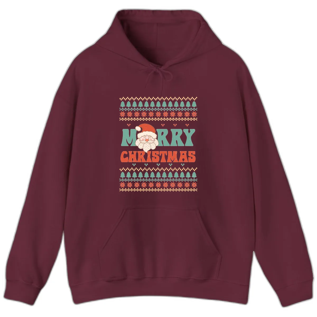 Retro Santa Merry Christmas Ugly Sweater Hoodie in Maroon