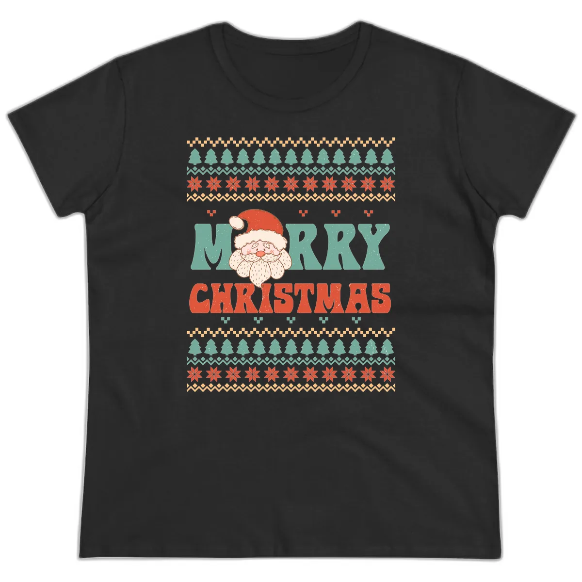 Retro Santa Merry Christmas Ugly Sweater Ladies Tee in Black