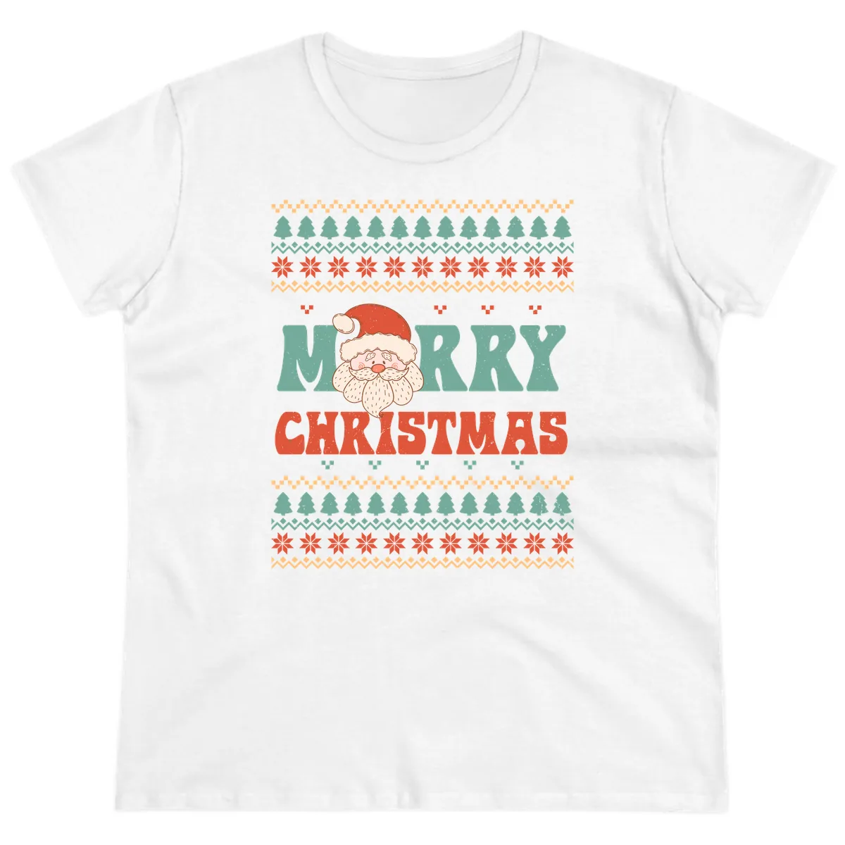 Retro Santa Merry Christmas Ugly Sweater Ladies Tee in White