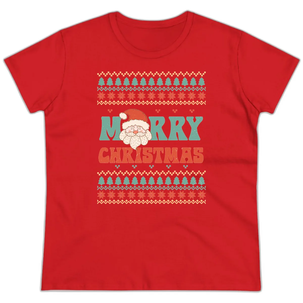 Retro Santa Merry Christmas Ugly Sweater Ladies Tee in Red