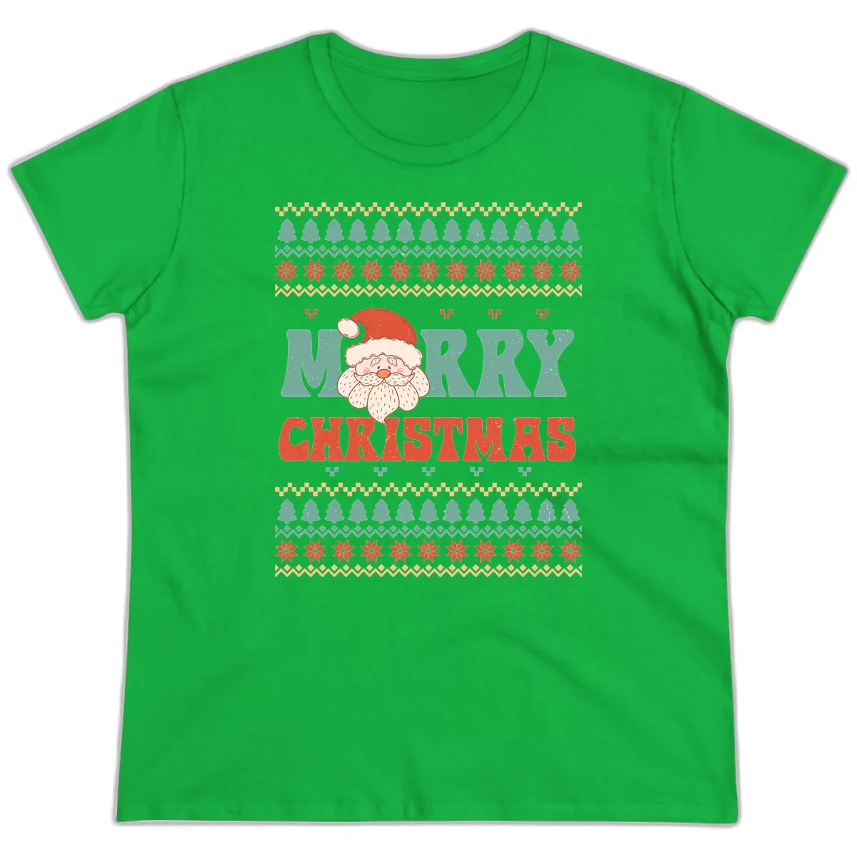 Retro Santa Merry Christmas Ugly Sweater Ladies Tee in Irish Green