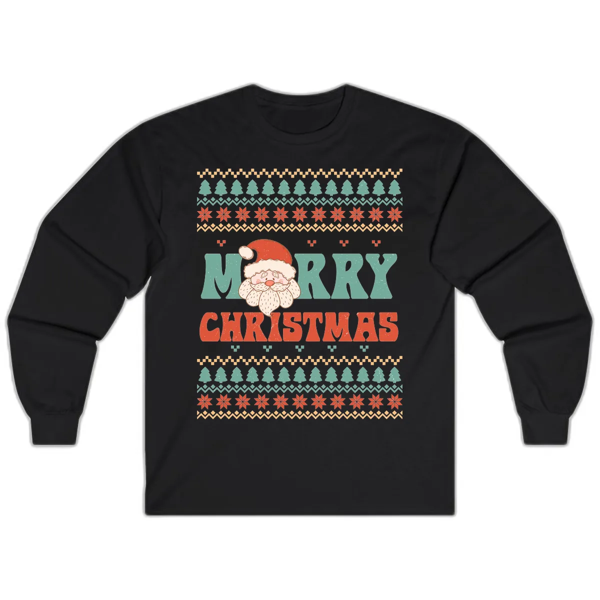 Retro Santa Merry Christmas Ugly Sweater Long Sleeve in Black