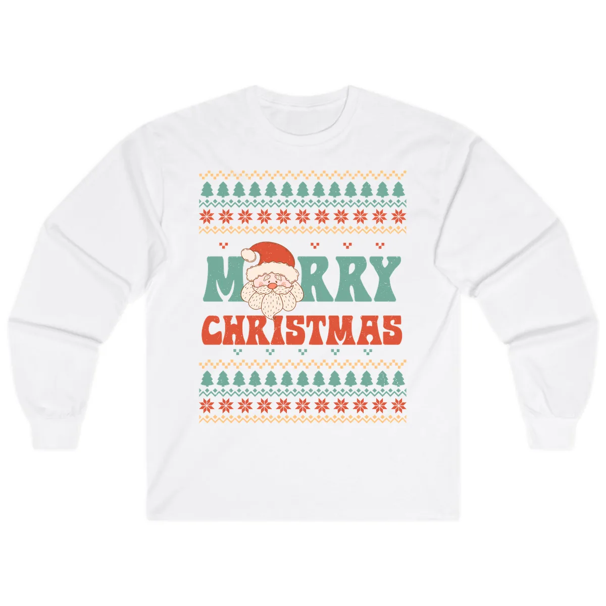 Retro Santa Merry Christmas Ugly Sweater Long Sleeve in White