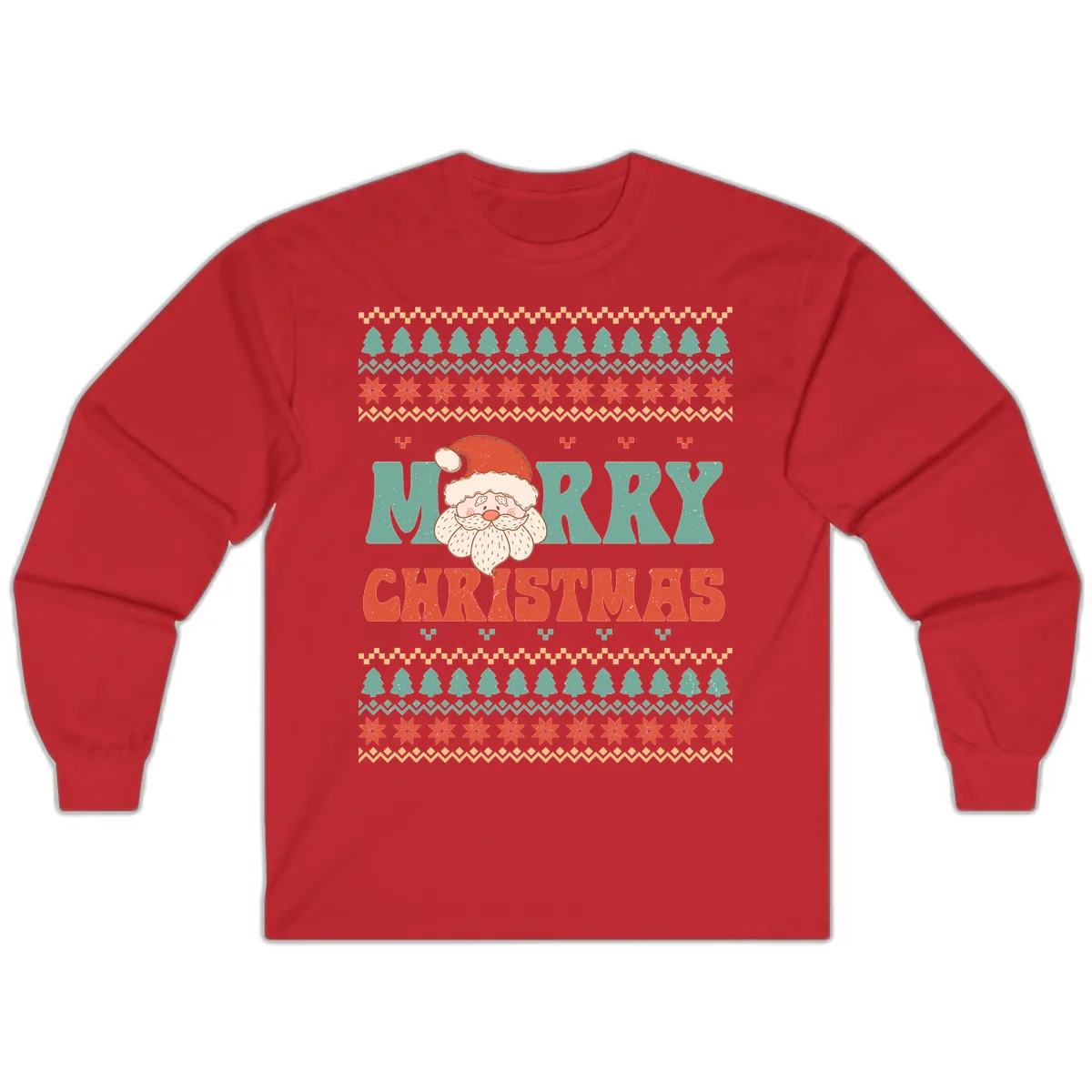 Retro Santa Merry Christmas Ugly Sweater Long Sleeve in Red