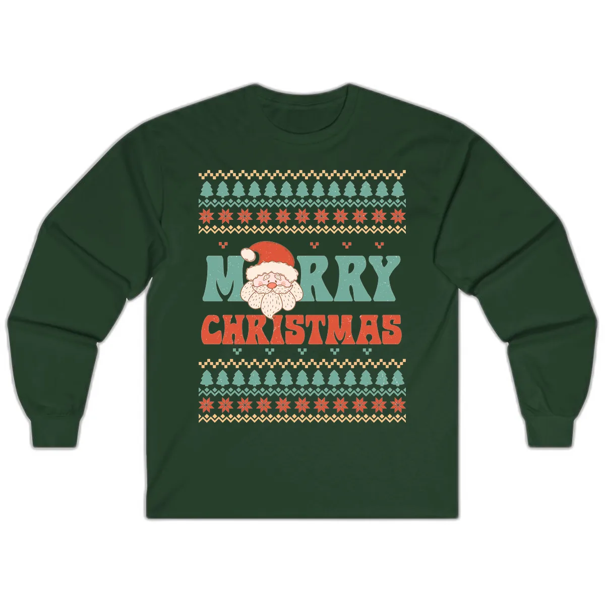 Retro Santa Merry Christmas Ugly Sweater Long Sleeve in Forest Green