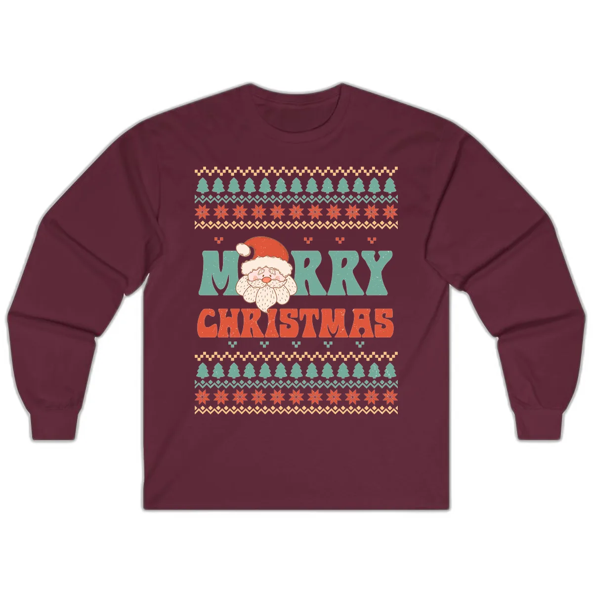 Retro Santa Merry Christmas Ugly Sweater Long Sleeve in Maroon