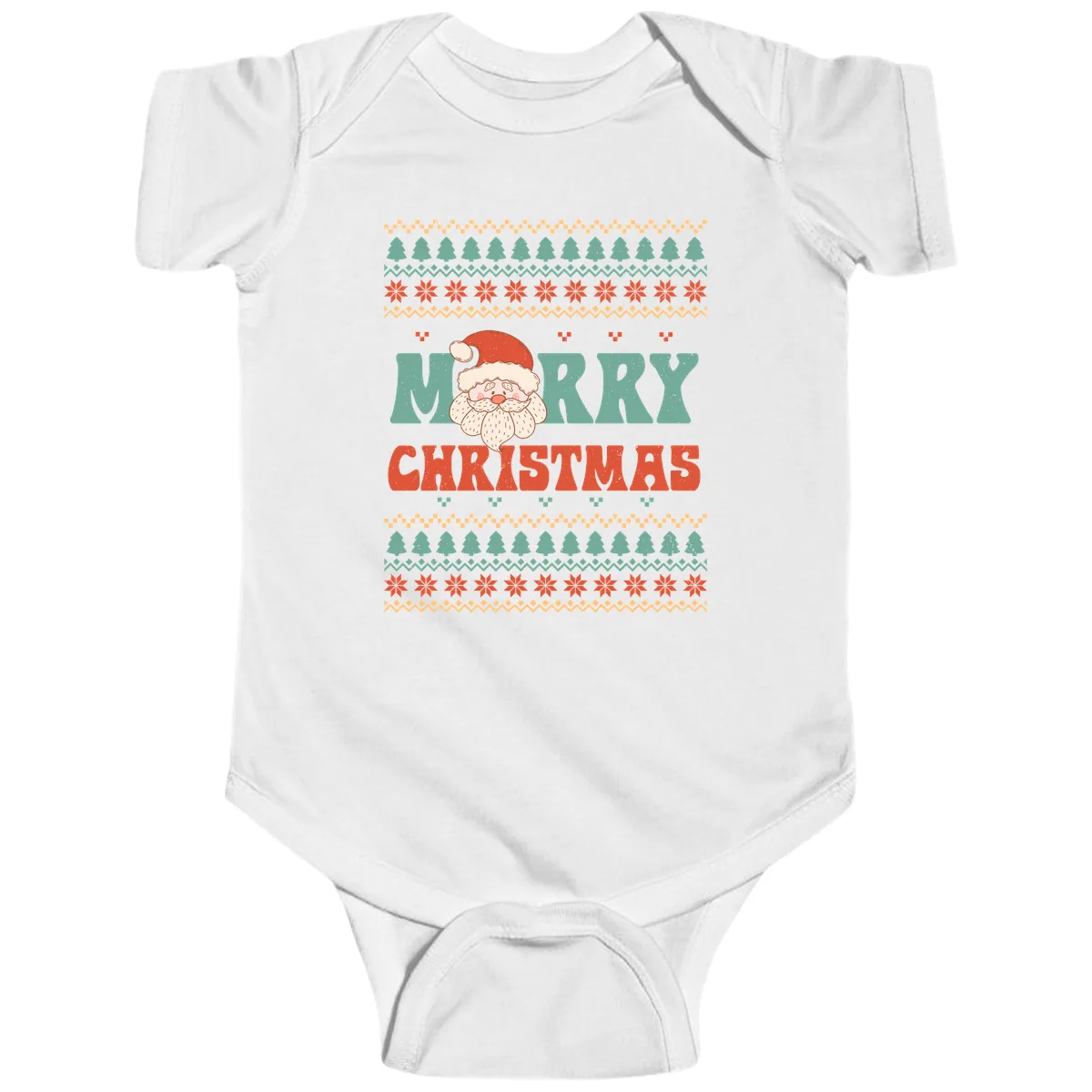 Retro Santa Merry Christmas Ugly Sweater Baby Onesie in White