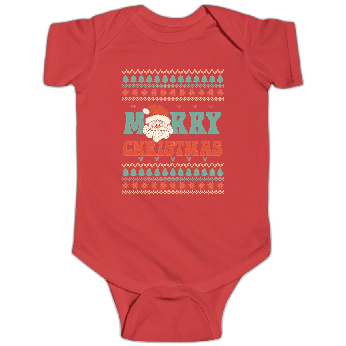 Retro Santa Merry Christmas Ugly Sweater Baby Onesie in Red