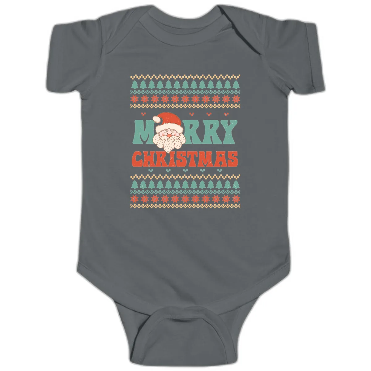 Retro Santa Merry Christmas Ugly Sweater Baby Onesie in Charcoal