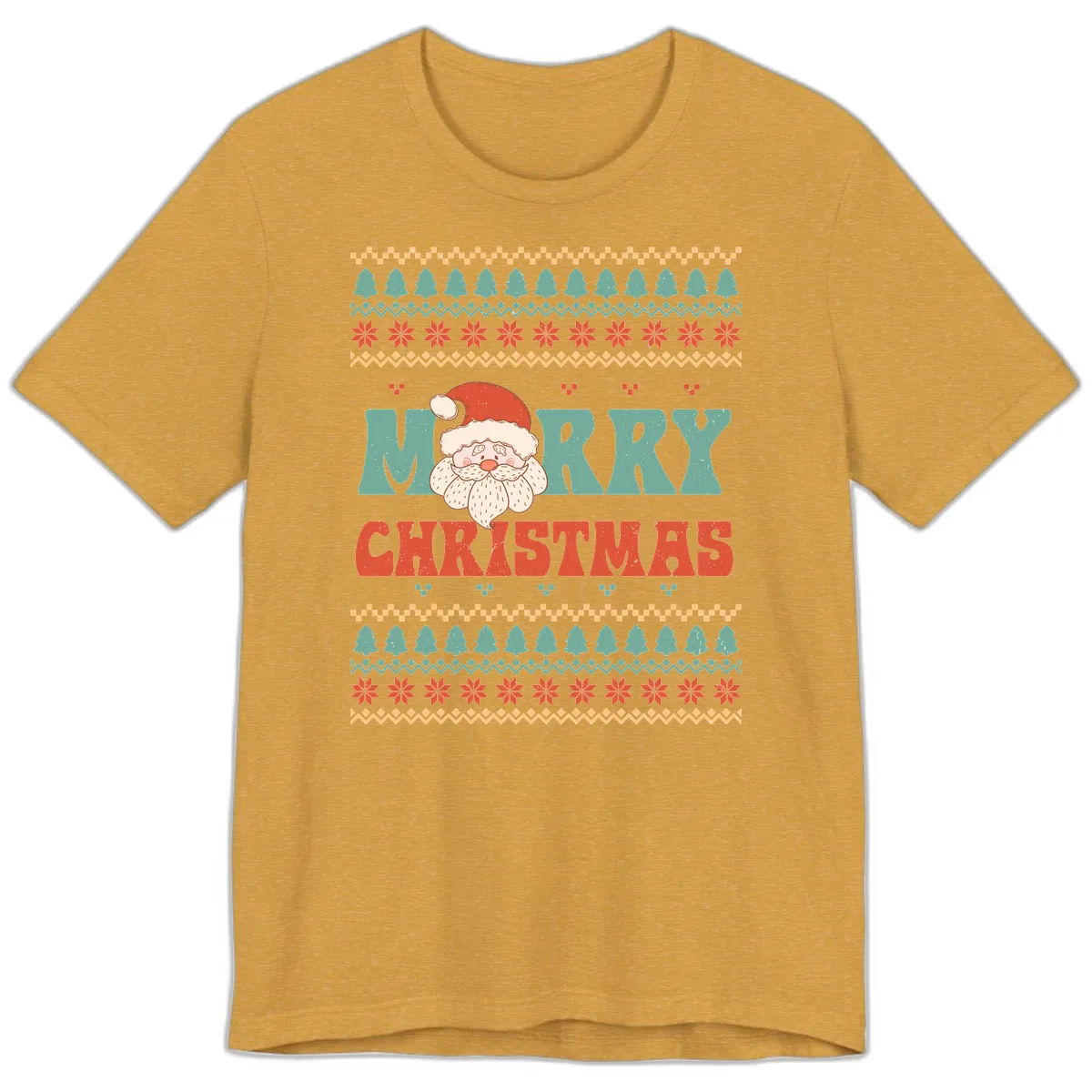 Retro Santa Merry Christmas Ugly Sweater Premium T-Shirt in Heather Mustard