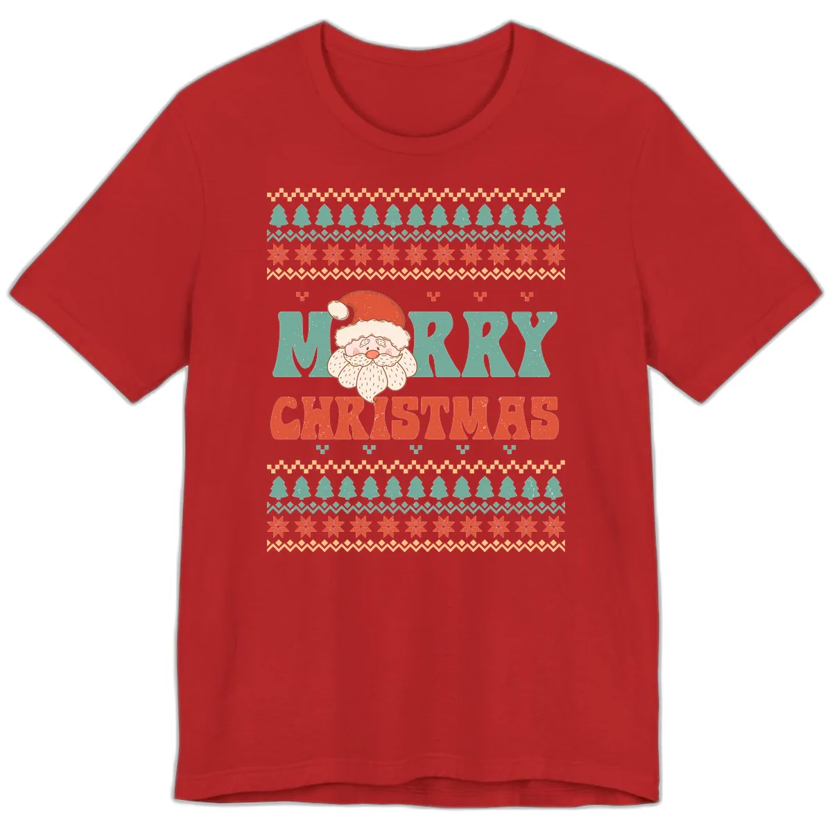 Retro Santa Merry Christmas Ugly Sweater Premium T-Shirt in Red