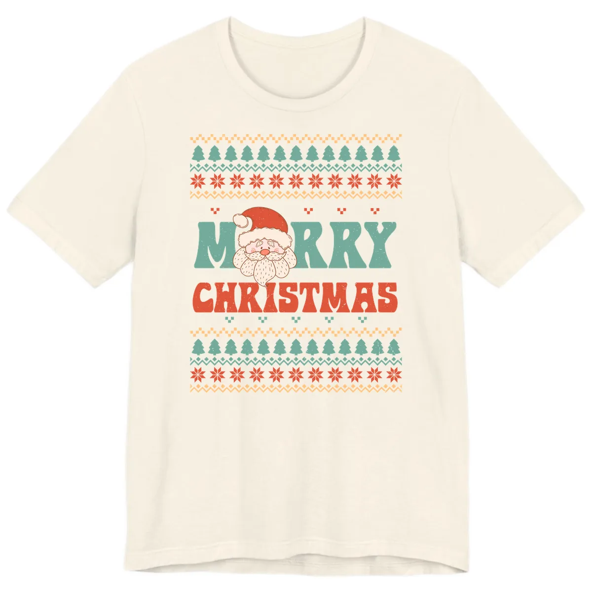 Retro Santa Merry Christmas Ugly Sweater Premium T-Shirt in Natural