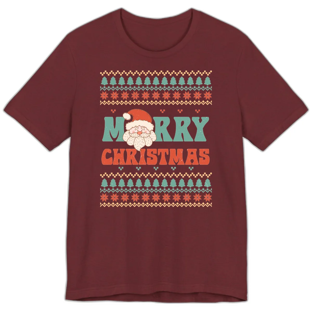 Retro Santa Merry Christmas Ugly Sweater Premium T-Shirt in Heather Cardinal
