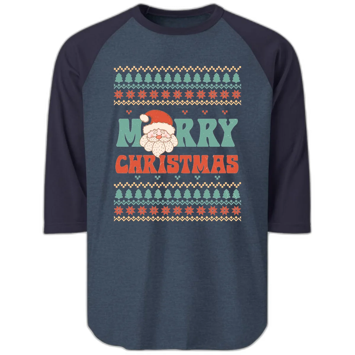 Retro Santa Merry Christmas Ugly Sweater Raglan 3/4 in Heather Denim Navy