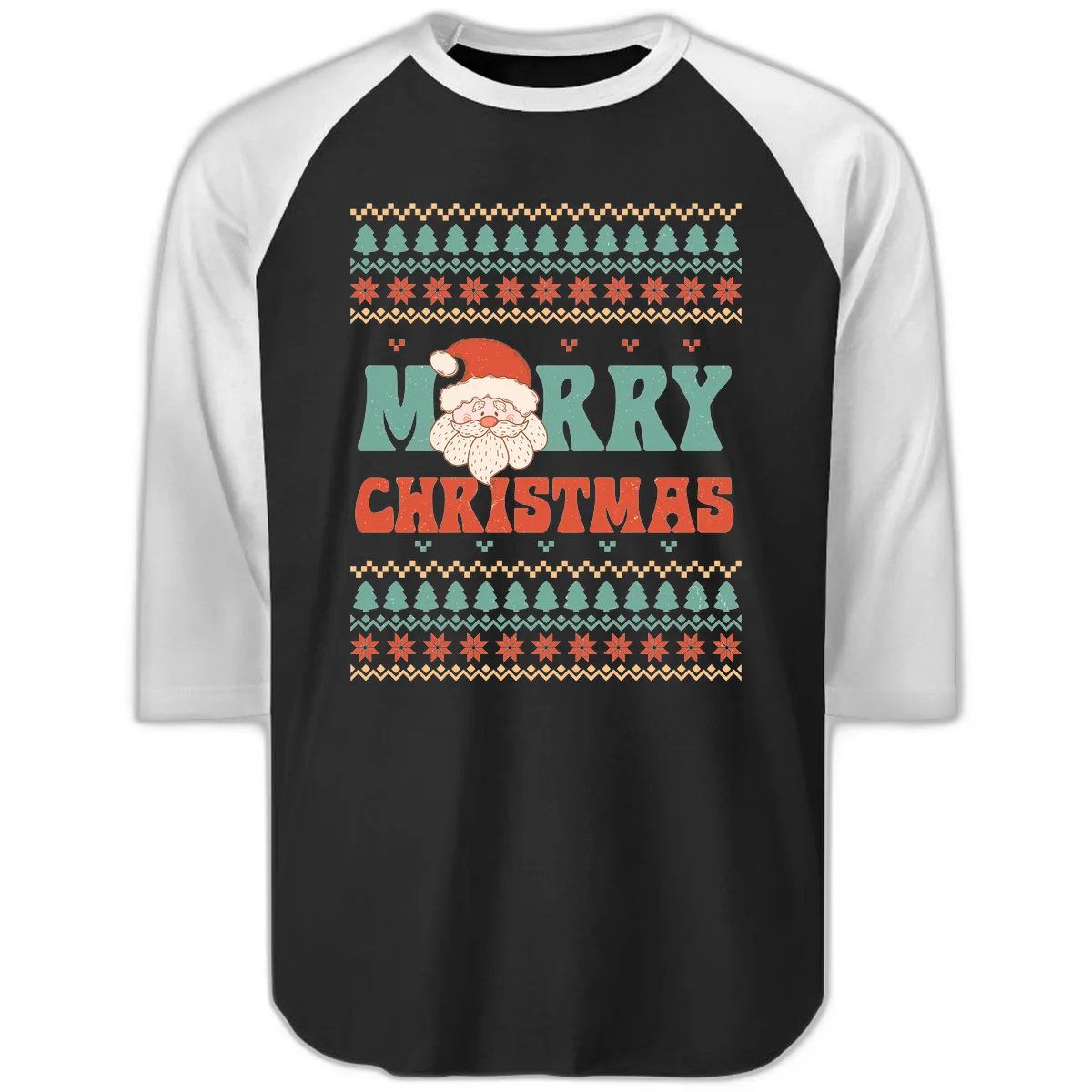 Retro Santa Merry Christmas Ugly Sweater Raglan 3/4 in Black White